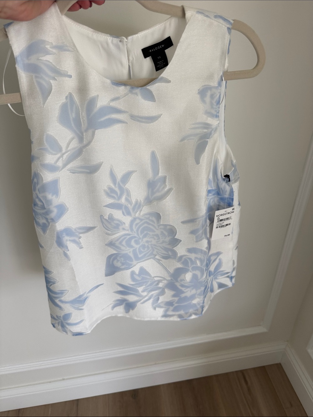 Halogen White Satin Shell with Pale Blue Floral Print